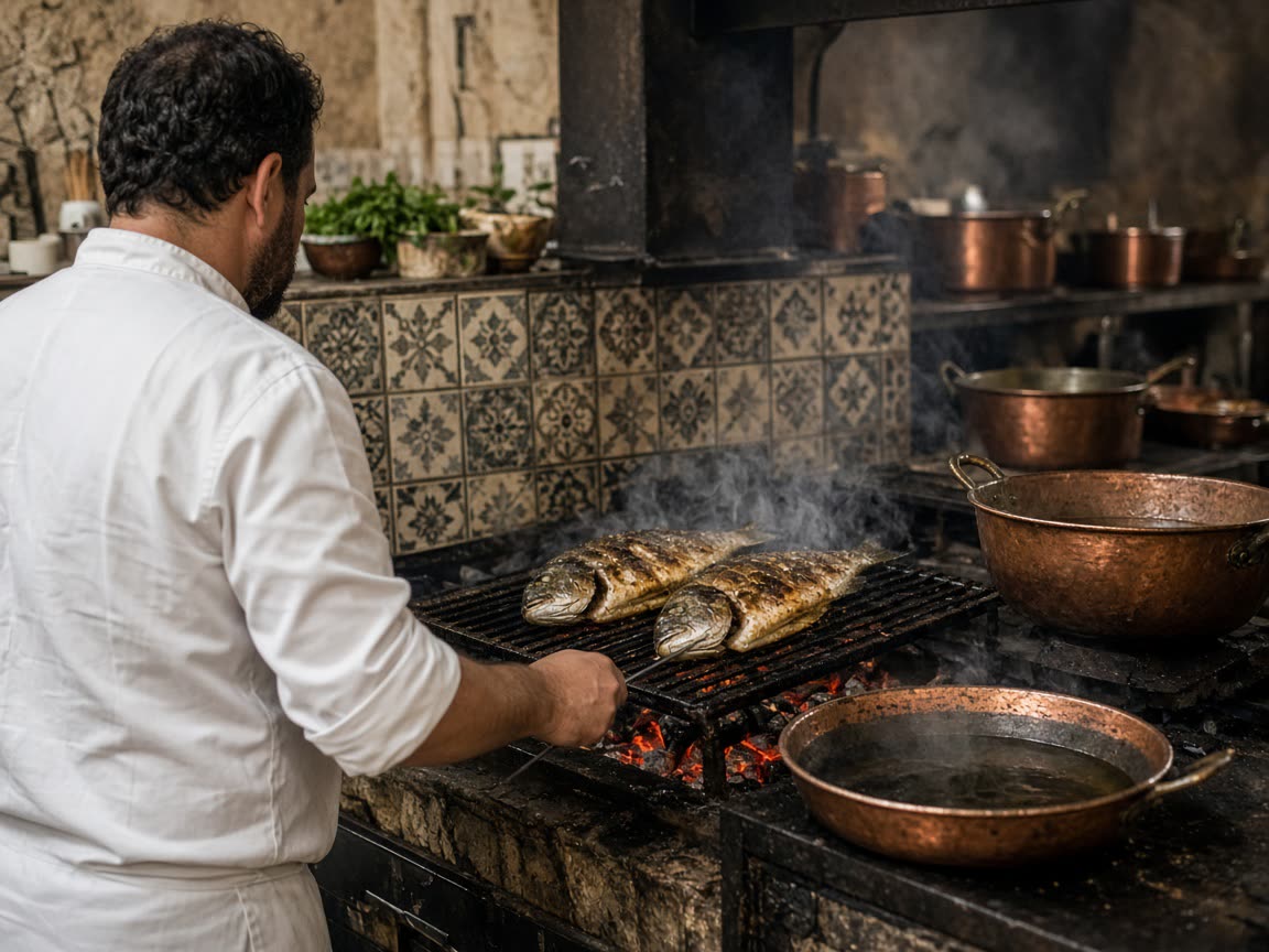 Grill line and pass at Jaffa Quay Restaurant in Old Jaffa