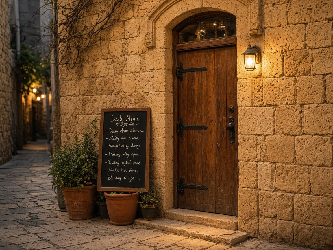 Entrance of Jaffa Quay Restaurant on Mifratz Shlomo Street, Old Jaffa
