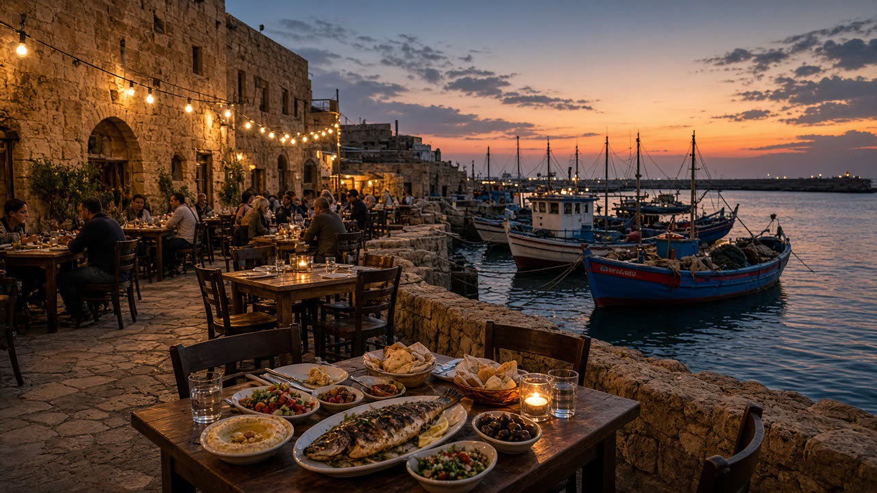 Terrace tables at Jaffa Quay Restaurant facing Old Jaffa port