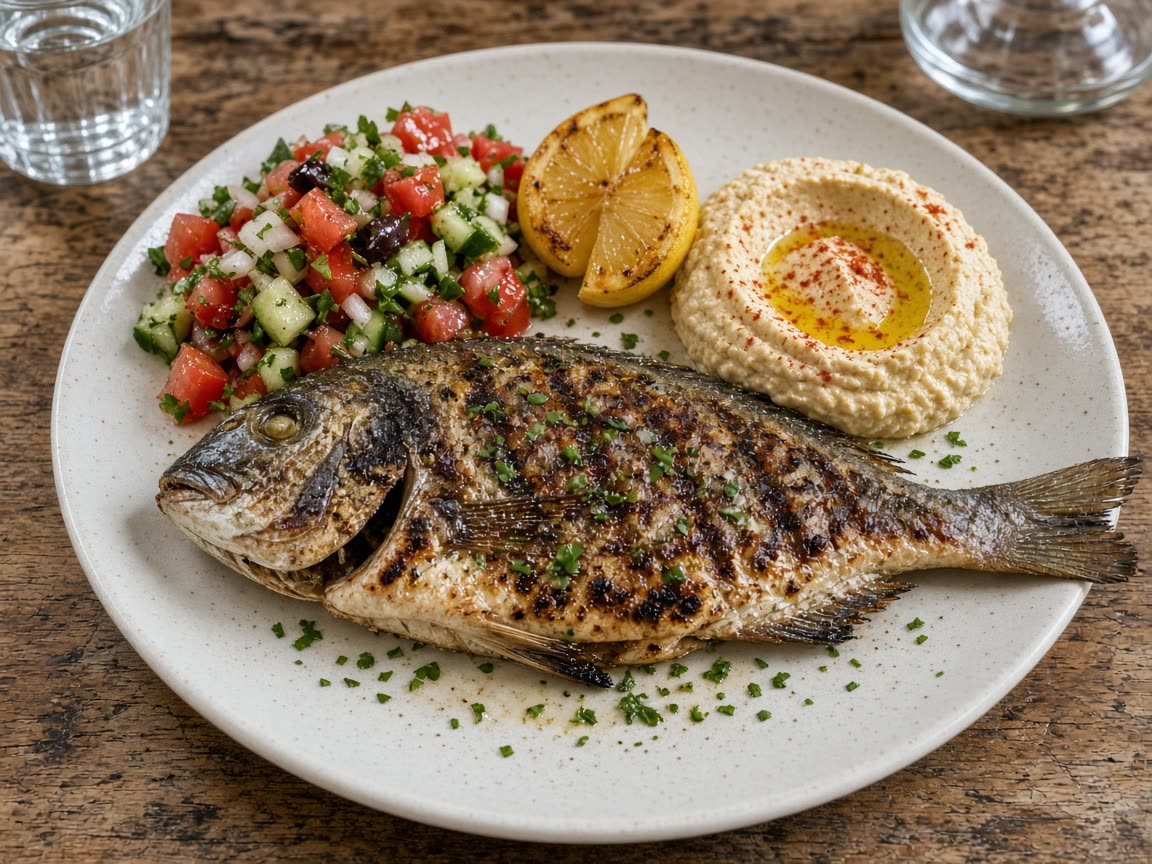 Grilled sea bream and meze plates at Jaffa Quay Restaurant